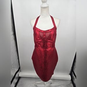 Fashion Nova Marlen Metallic Bandage Red Halter Bodycon Mini Dress 1X (6421)